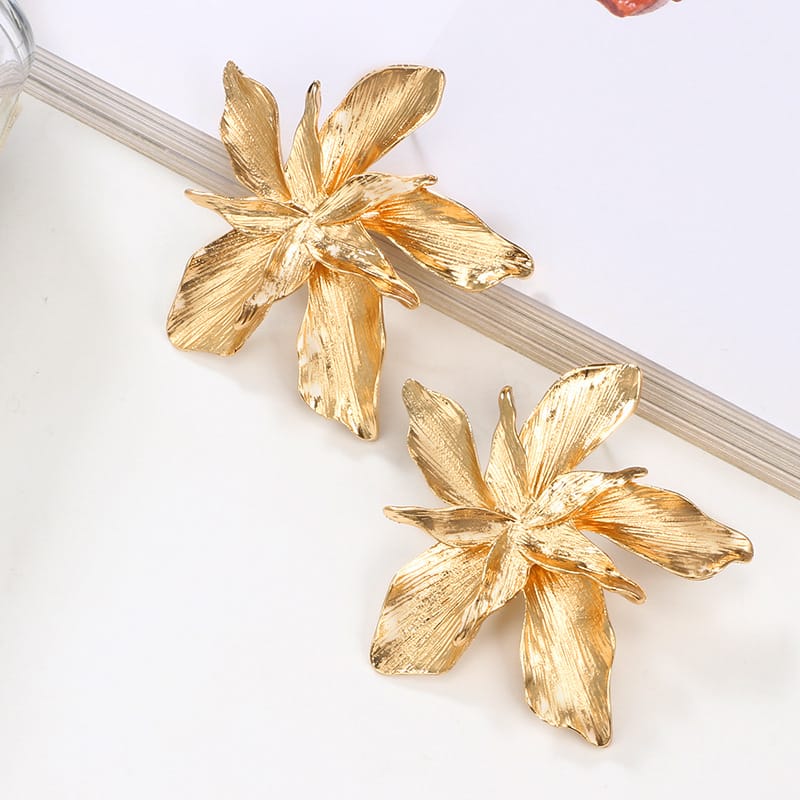 Oversized Floral Petal Drop Earrings in Gold Tone