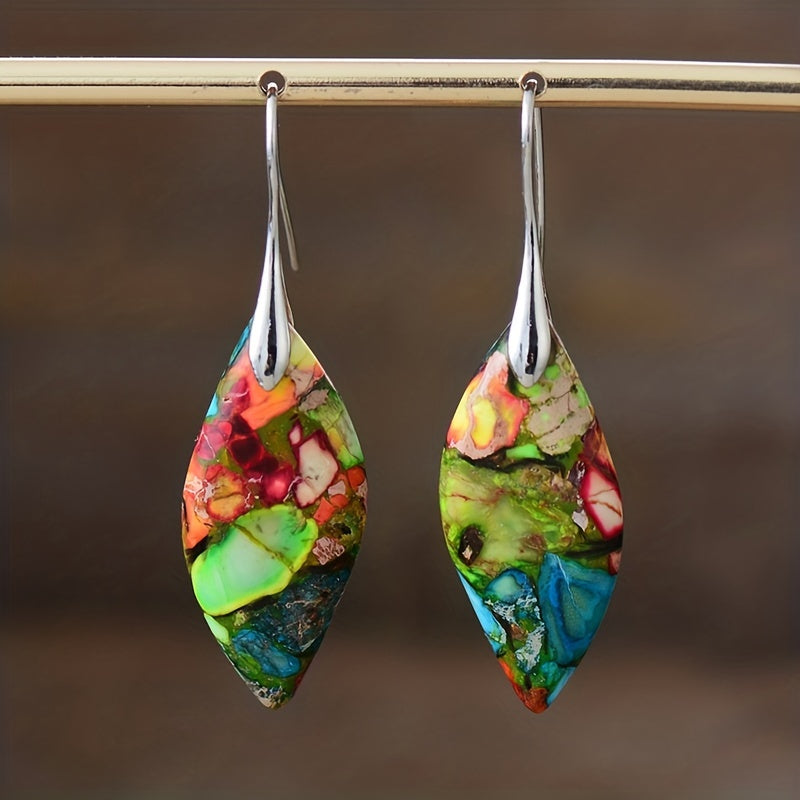 Teardrop Leaf Mosaic Stone Earrings with Silver-Plated Ear Wire