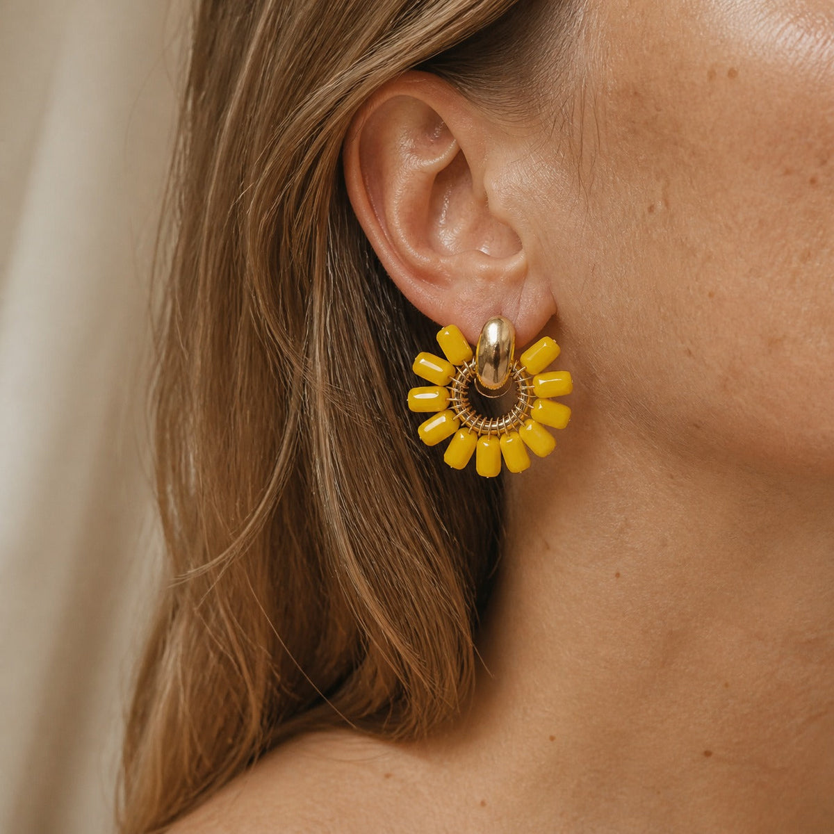Fan-Shaped Yellow Glass Beaded Stud Earrings with Gold-Tone Hardware — view 2