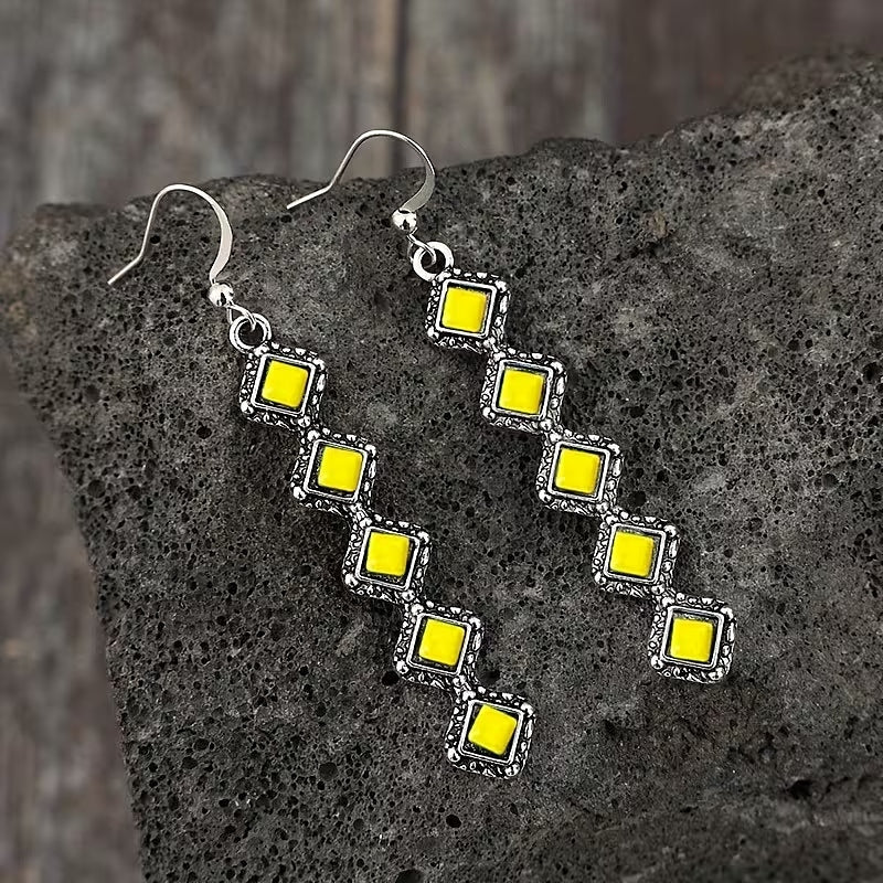 Yellow Square Stone Cascade Drop Earrings with Silver-Tone Frame — view 2