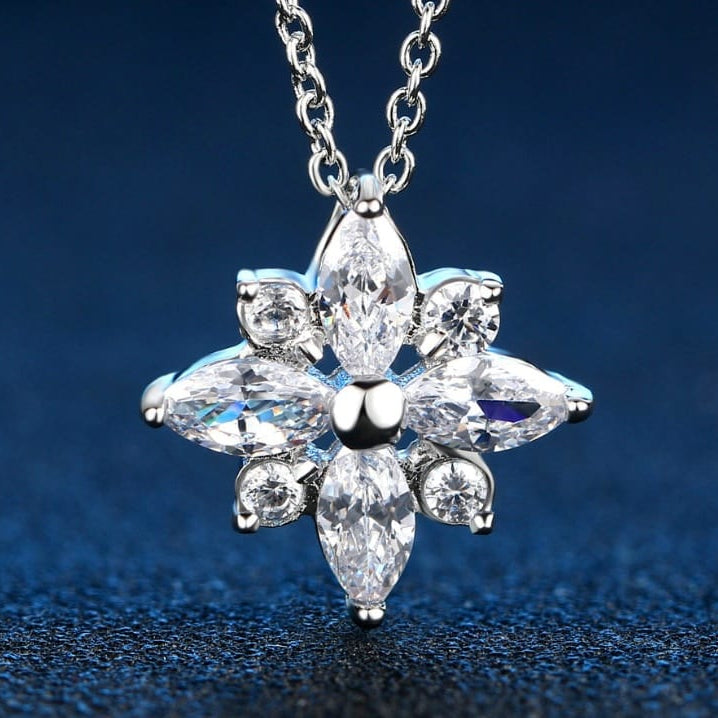 Flower Cubic Zirconia Pendant Necklace, Rose Gold or White Gold Plated Cable Chain