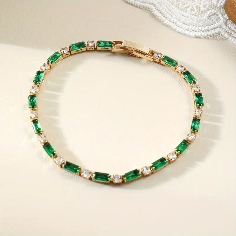 Emerald-Green Stone Tennis Bracelet with Round Clear Accents
