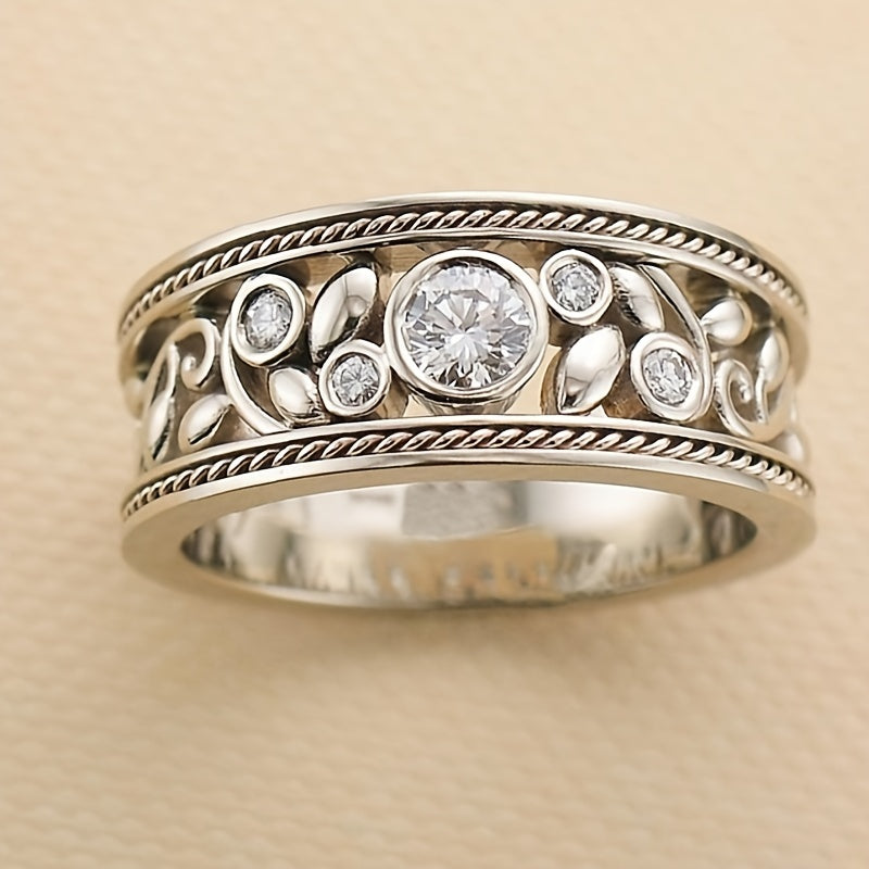 Cubic Zirconia Filigree Ring with Twisted Rope Border in White Gold Tone