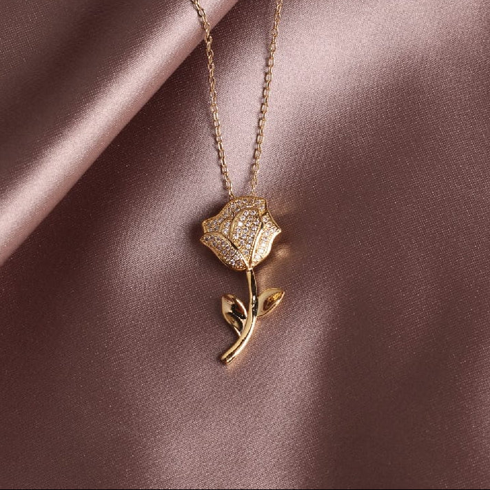 Rose Flower Pendant Necklace with Stem and Leaf Detail, Gold Tone