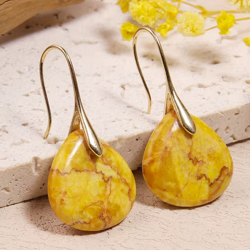 Teardrop Amber Drop Earrings with Curved Hook Wire — view 2