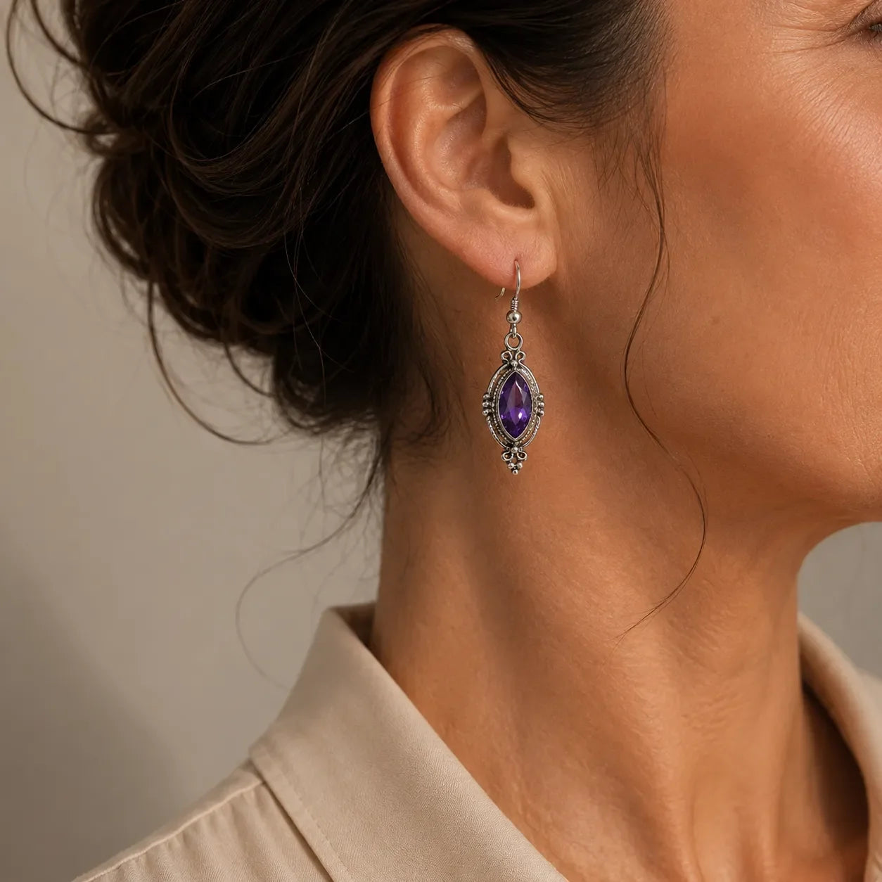 Marquise Amethyst Drop Earrings with Ornate Silver-Tone Filigree