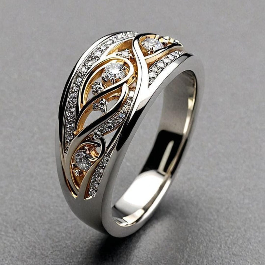 Sculptural Scrollwork Ring with Pavé Stones in Two-Tone Finish