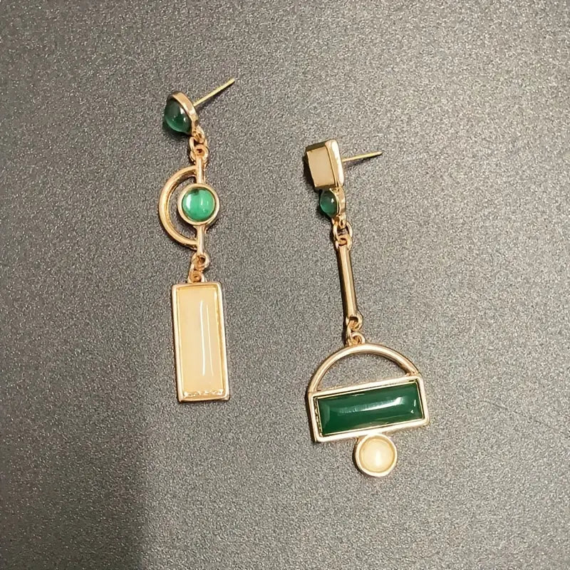 Asymmetrical Emerald and Cream Drop Earrings with Geometric Stones