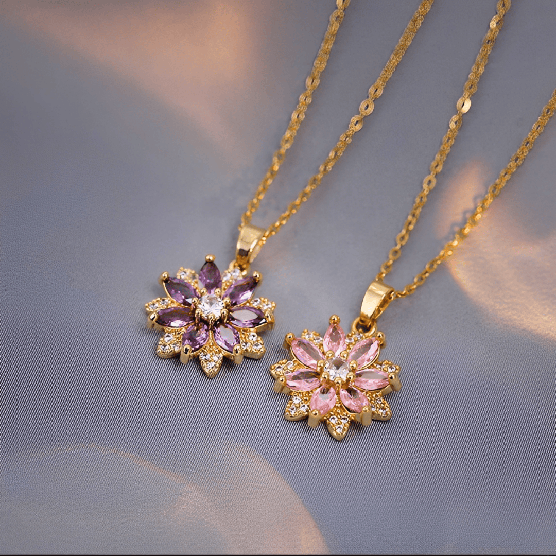 Flower Gemstone Pendant Necklace with Gold-Tone Chain, Purple & Pink