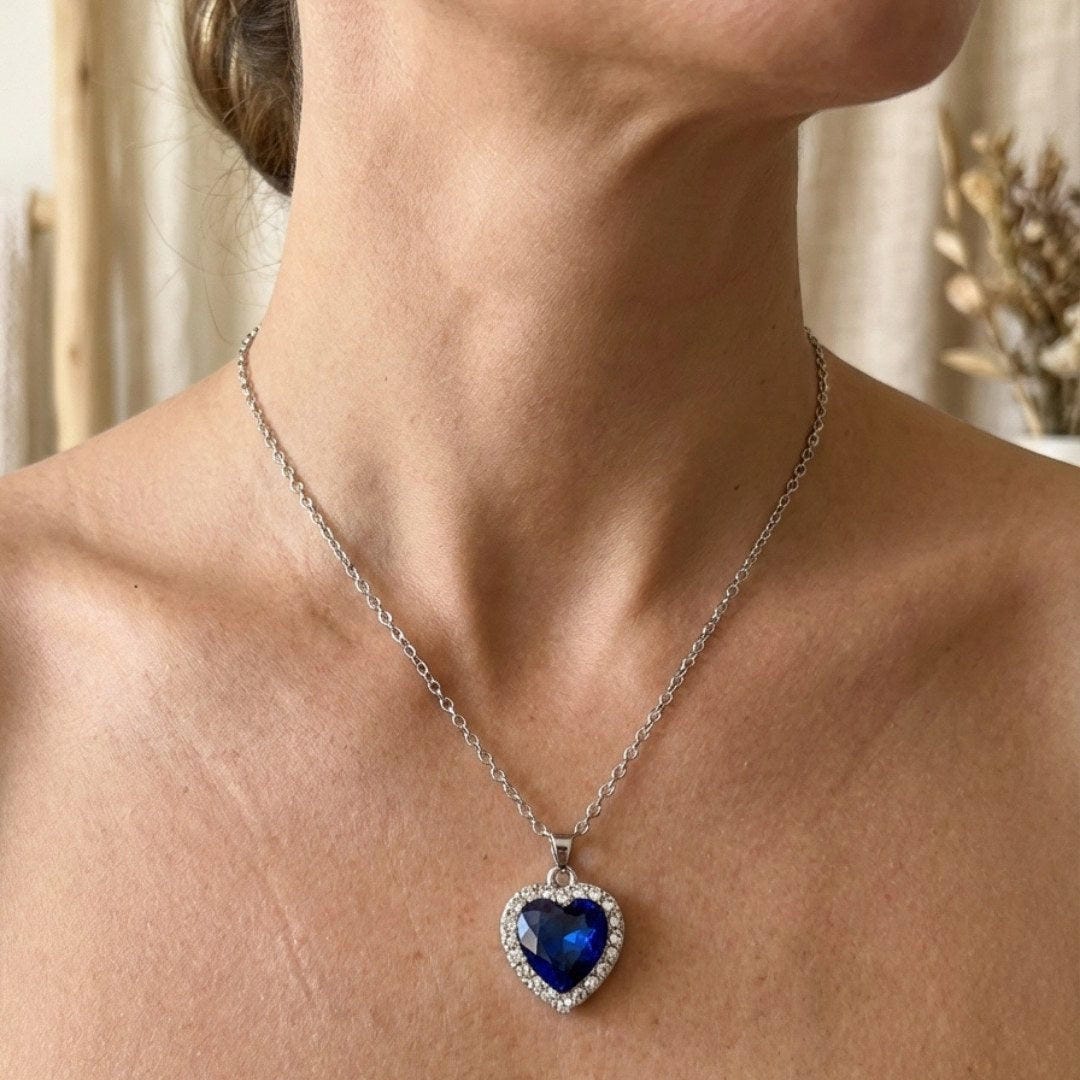 Heart-Shaped Sapphire Pendant Necklace with Rhinestone Halo on Silver-Tone Chain — view 2