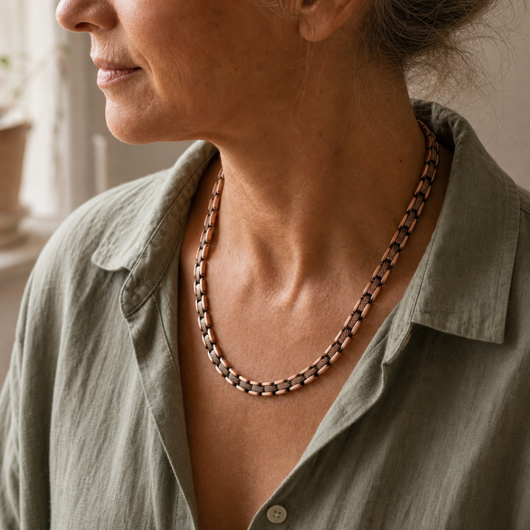 Copper Chain Necklace with Textured Barrel Links, 99.9% Pure Copper, Adjustable, Lobster Clasp — main image