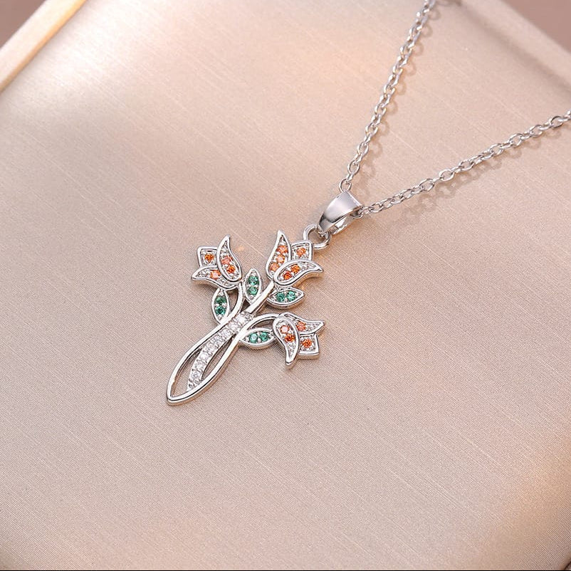 Cross Leaf Pendant Necklace with Gemstone Inlay Detail