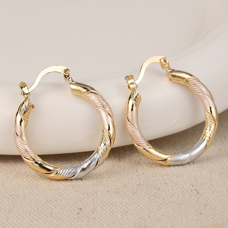 Chunky Twisted Tri-Tone Gold Hoop Earrings