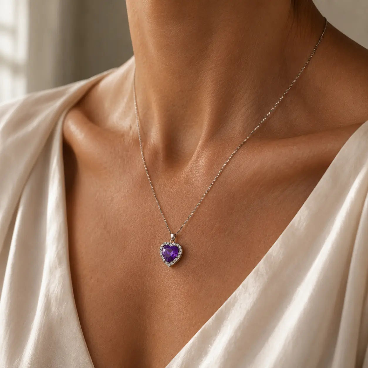 Heart-Shaped Amethyst Halo Pendant Necklace with Silver-Tone Chain