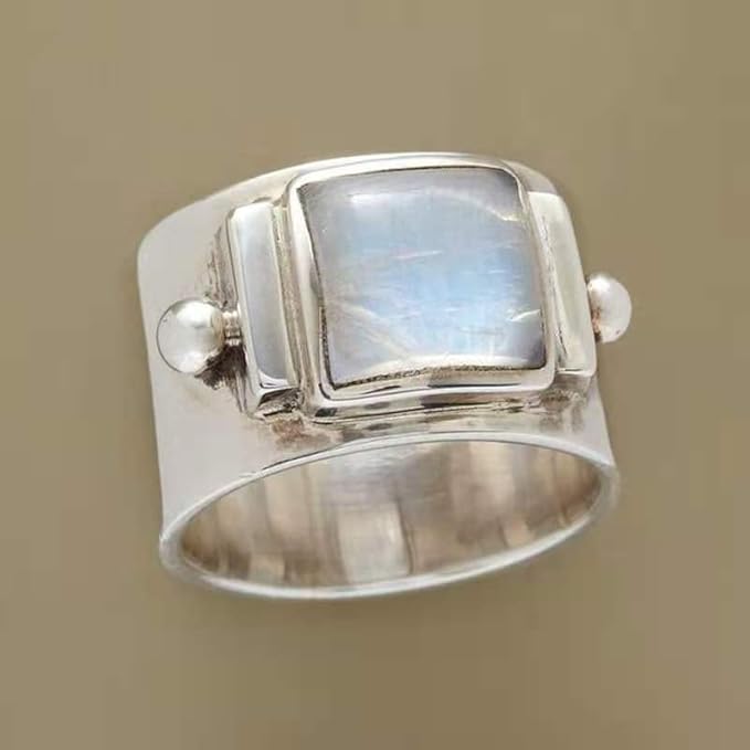 Square Moonstone Ring with Pearl Accents and Wide Silver-Tone Band