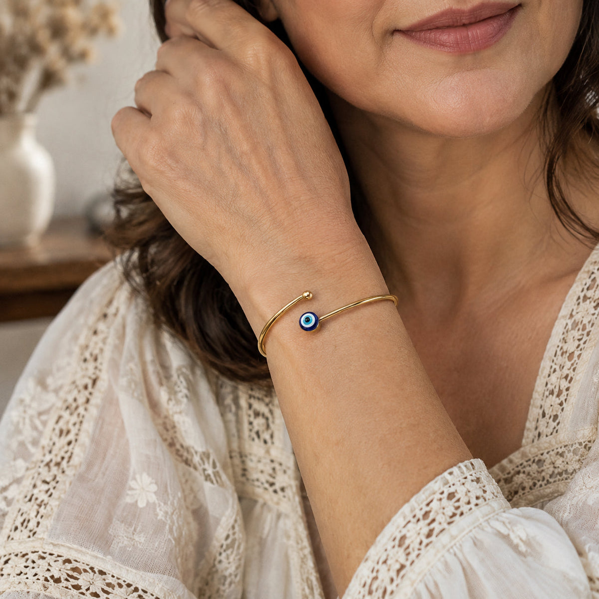 Evil Eye Charm Open Cuff Bracelet, Gold-Tone with Blue Enamel Detail — main image