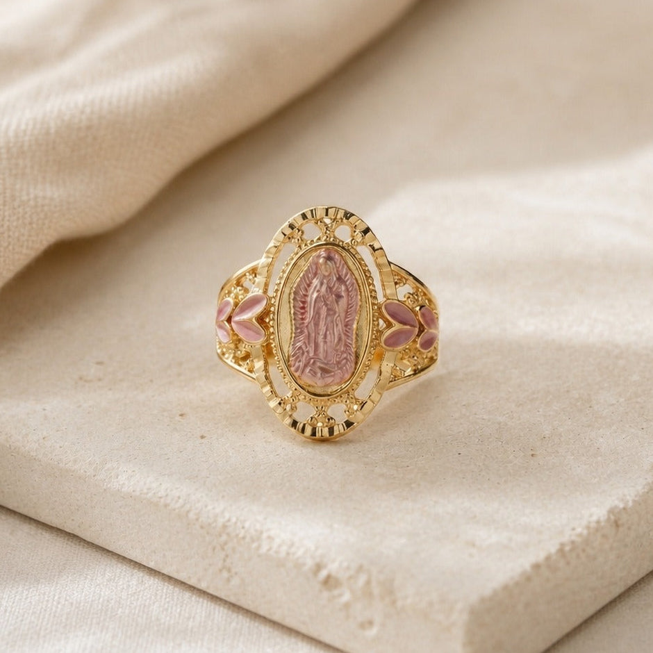 Our Lady of Guadalupe Portrait Ring in Purple Stone with Gold-Tone Filigree Band — main image