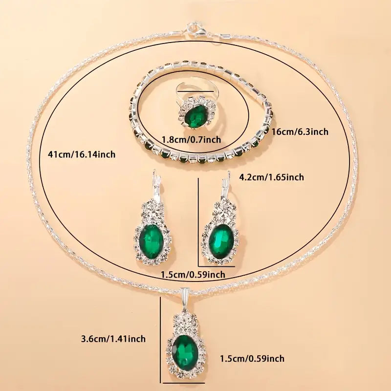 Oval Emerald Halo Jewelry Set with Necklace, Earrings, Bracelet & Ring
