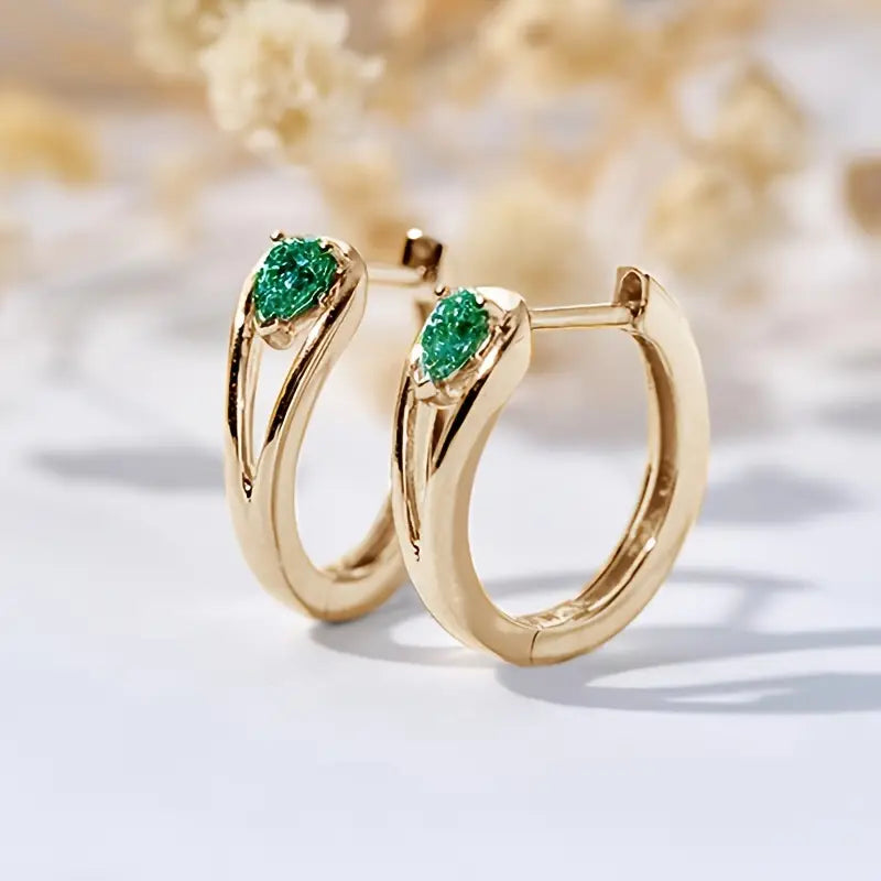 Pear-Shaped Emerald Huggie Hoop Earrings in Gold Tone