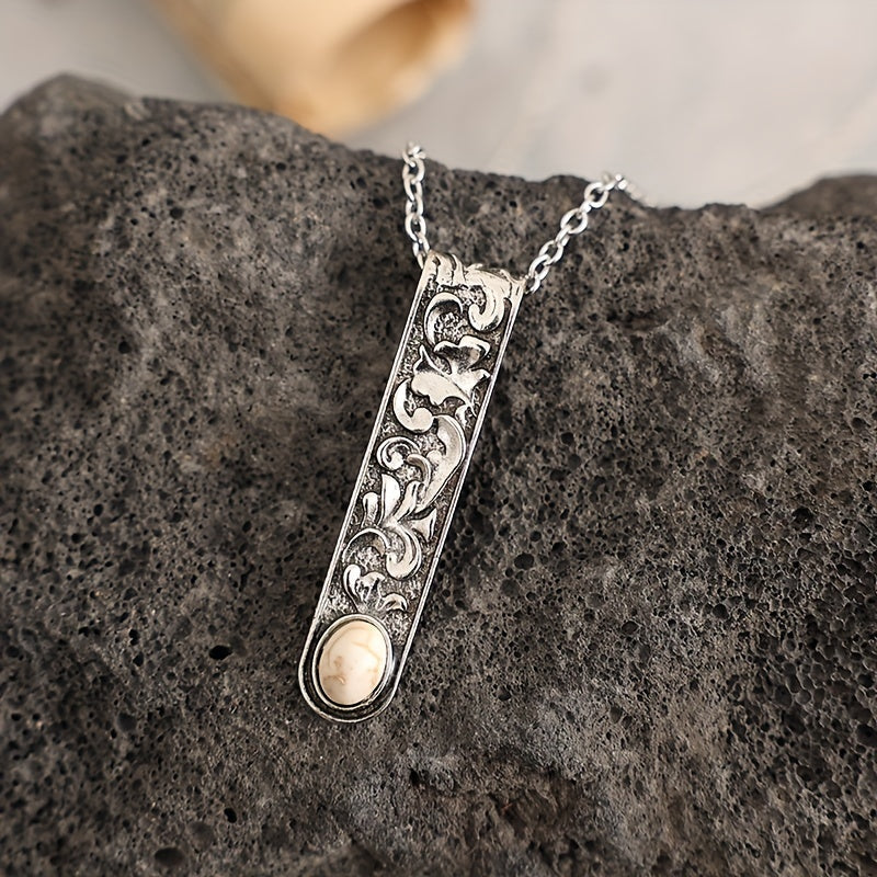 Vintage Filigree Bar Pendant Necklace with Cream Stone Inlay