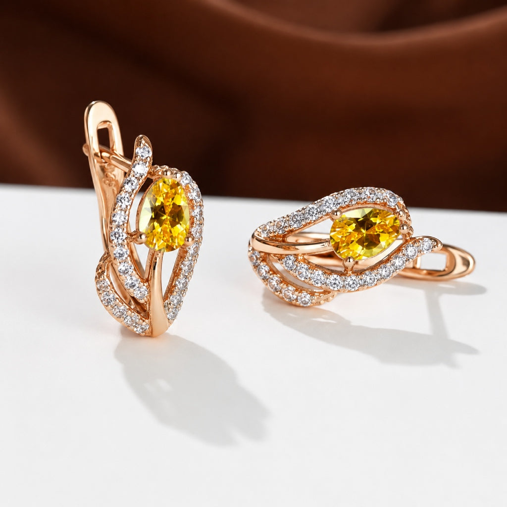 Yellow Oval Cubic Zirconia Halo Hug Earrings in Rose Gold Tone — main image