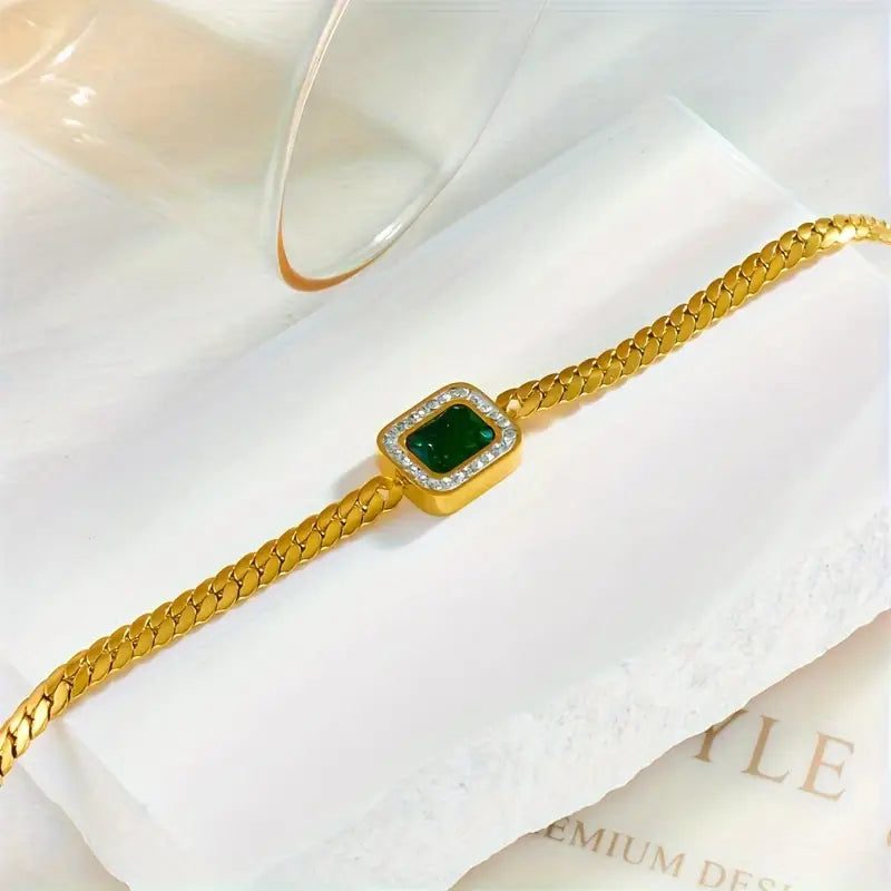 Square Emerald Pendant Bracelet with Crystal Halo, Gold-Tone Curb Chain — view 6