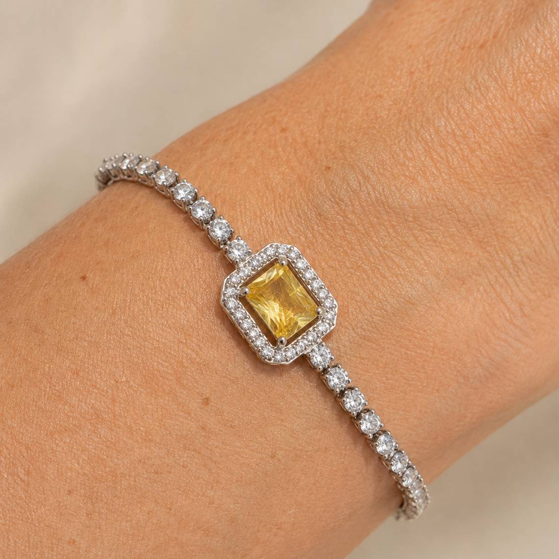 Cushion-Cut Yellow Stone Halo Bracelet with Adjustable Tennis Chain — view 2