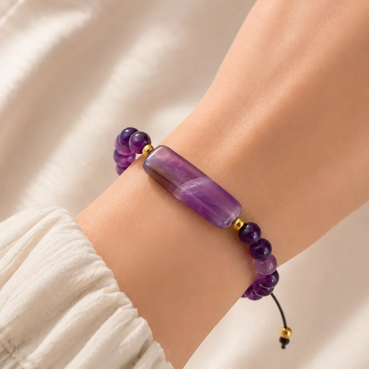 Barrel Amethyst Bead Bracelet with Gold-Tone Accents