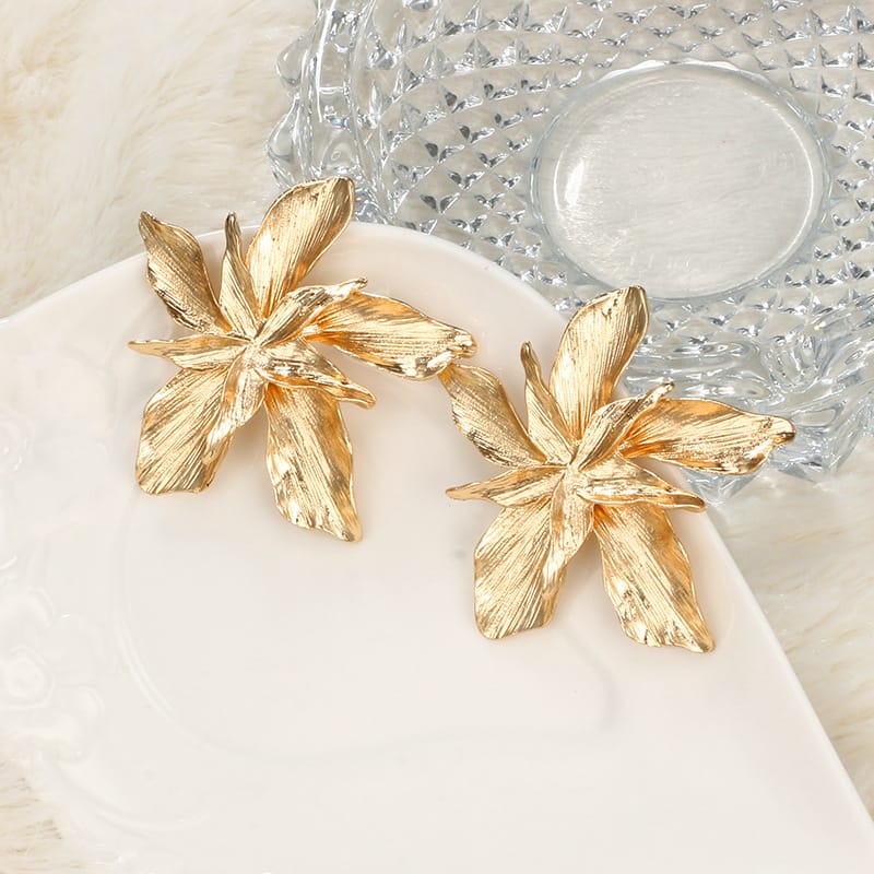 Oversized Floral Petal Drop Earrings in Gold Tone