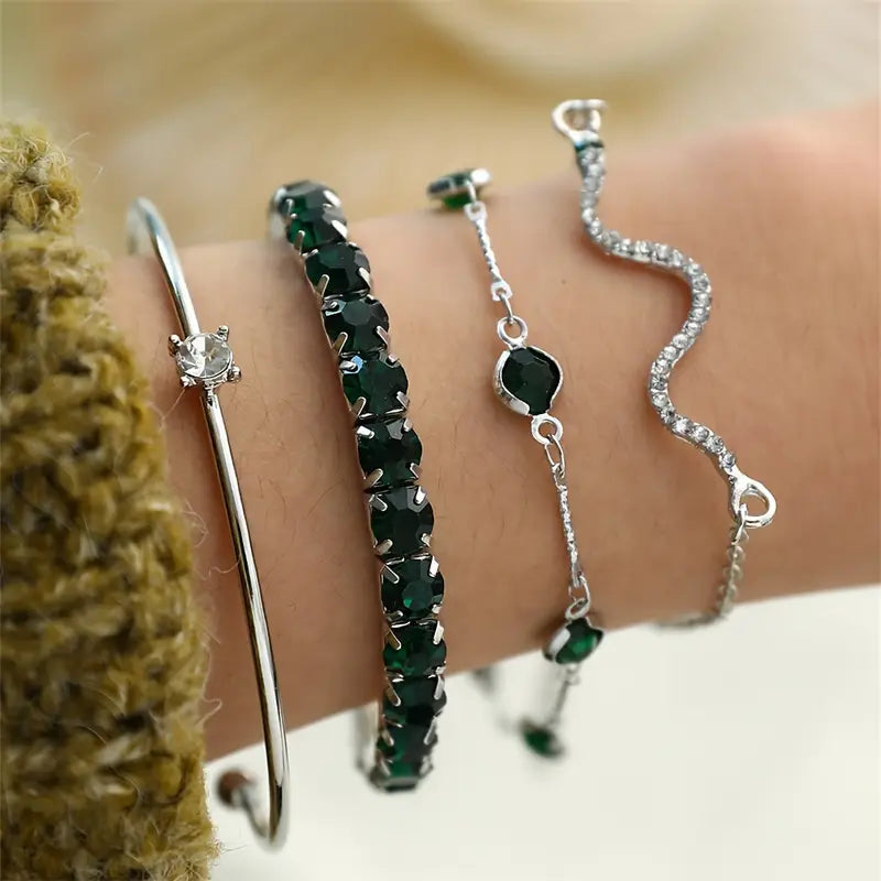 Green Stone Bracelet Set with Gold-Tone Chain, Cuff and Pendant Designs — view 7