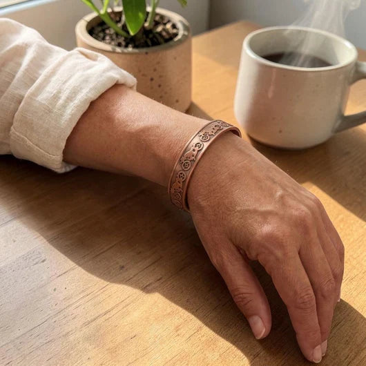 Copper Cuff Bracelet Oxidized Finish Embossed Gear Pattern — Adjustable Open Cuff — view 2