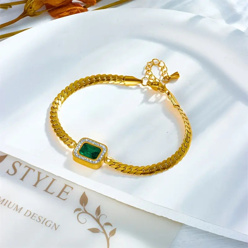 Square Emerald Pendant Bracelet with Crystal Halo, Gold-Tone Curb Chain — view 5