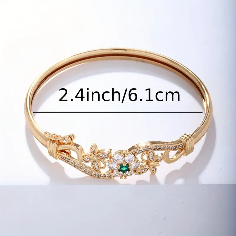 Emerald Bangle Bracelet with Floral Filigree and Gold Tone Finish