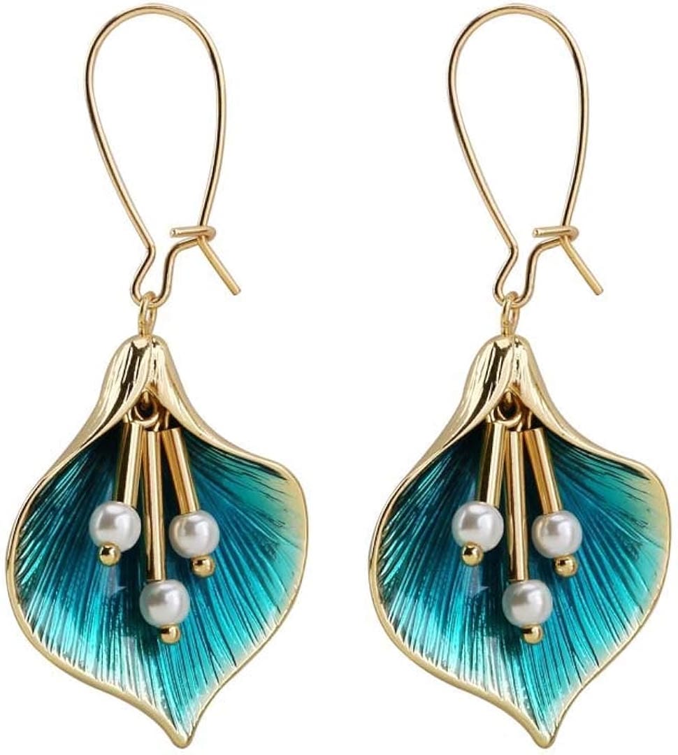 Vintage-Inspired Teal Lotus Drop Earrings with Pearl Accents and Gold-Tone Fish Hook Wires — view 2