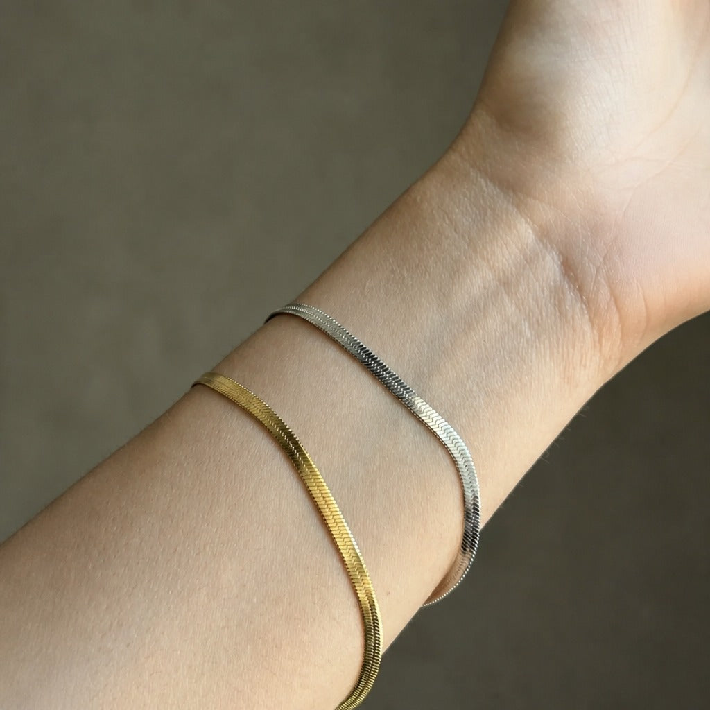 Herringbone Snake Chain Bracelet Set, Gold and Silver Tone, Stainless Steel, Set of 2, Adjustable — main image