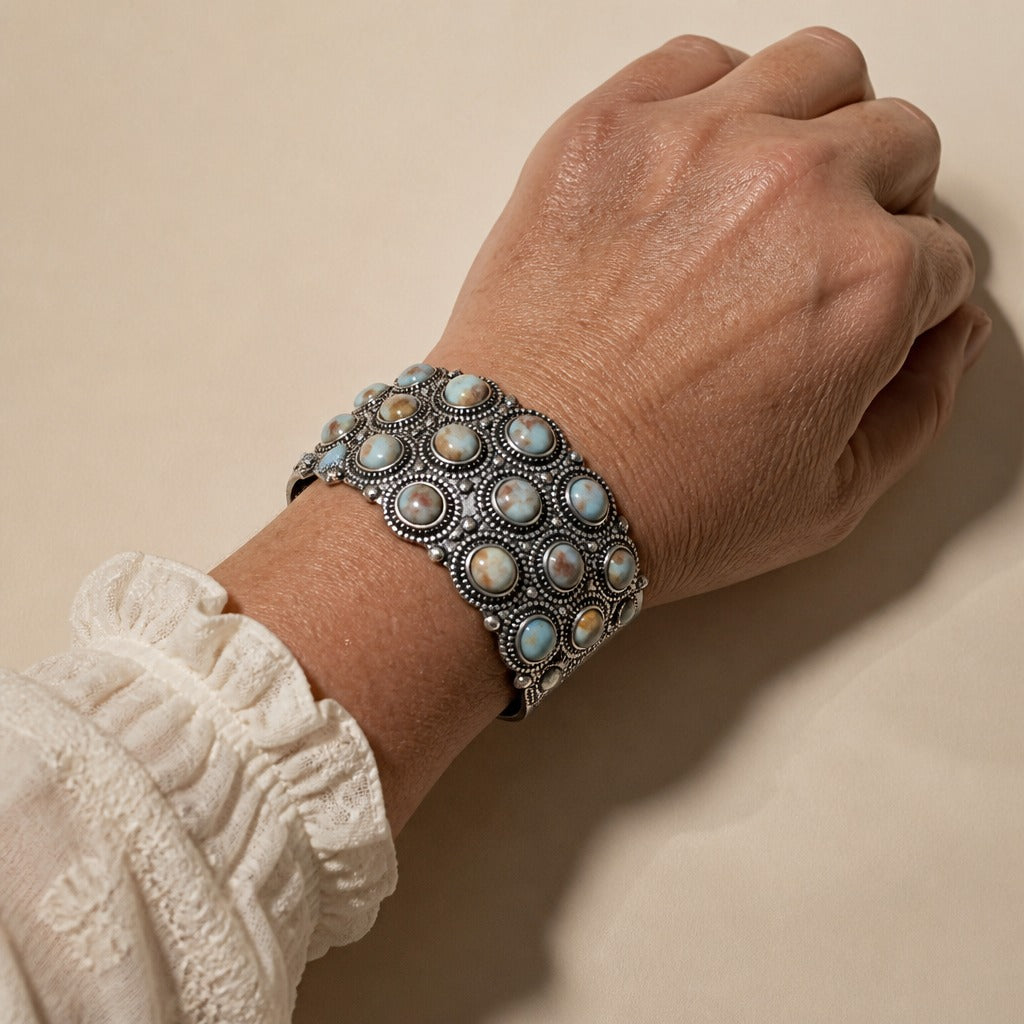 Turquoise Cabochon Cuff Bracelet with Beaded Silver-Tone Detail — view 2