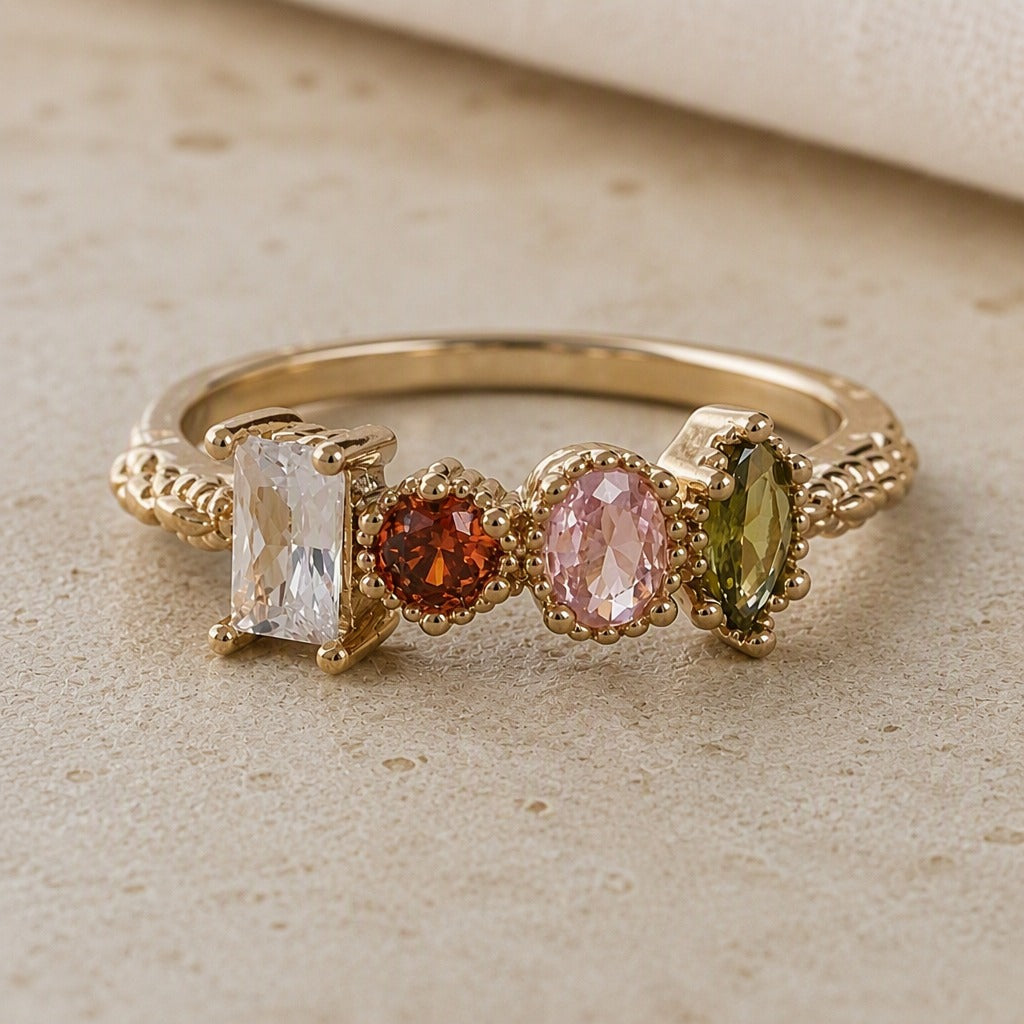 Multicolor Gemstone Statement Ring with Beaded Gold Band — main image