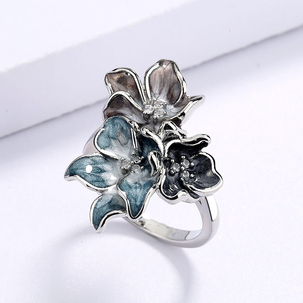 Multi-Petal Flower Zircon Ring with Teal and Charcoal Inlay