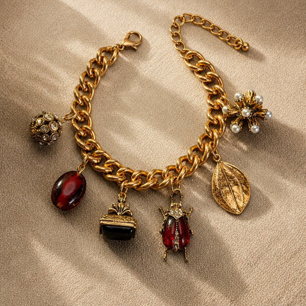 Vintage-Inspired Charm Bracelet with Pearl, Onyx and Rhinestone Charms — main image