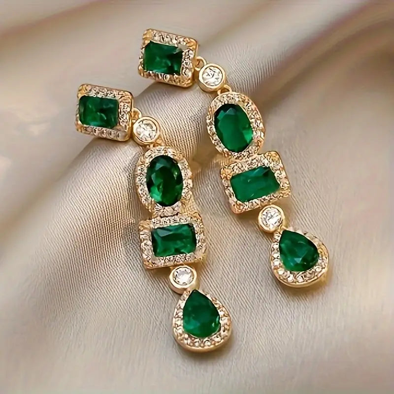 Emerald-Green Cascade Dangle Earrings with Gold-Tone Clear Accents