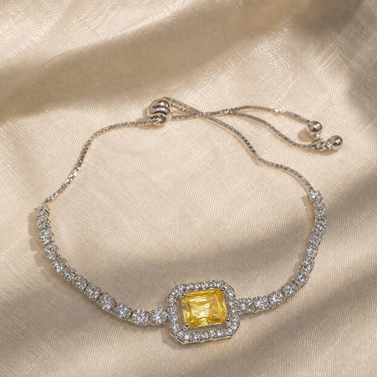 Cushion-Cut Yellow Stone Halo Bracelet with Adjustable Tennis Chain — main image