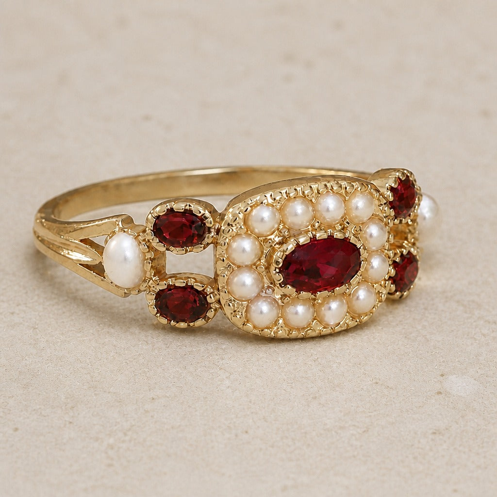 Pearl and Ruby-Tone Cocktail Ring with Split Shank Design — main image