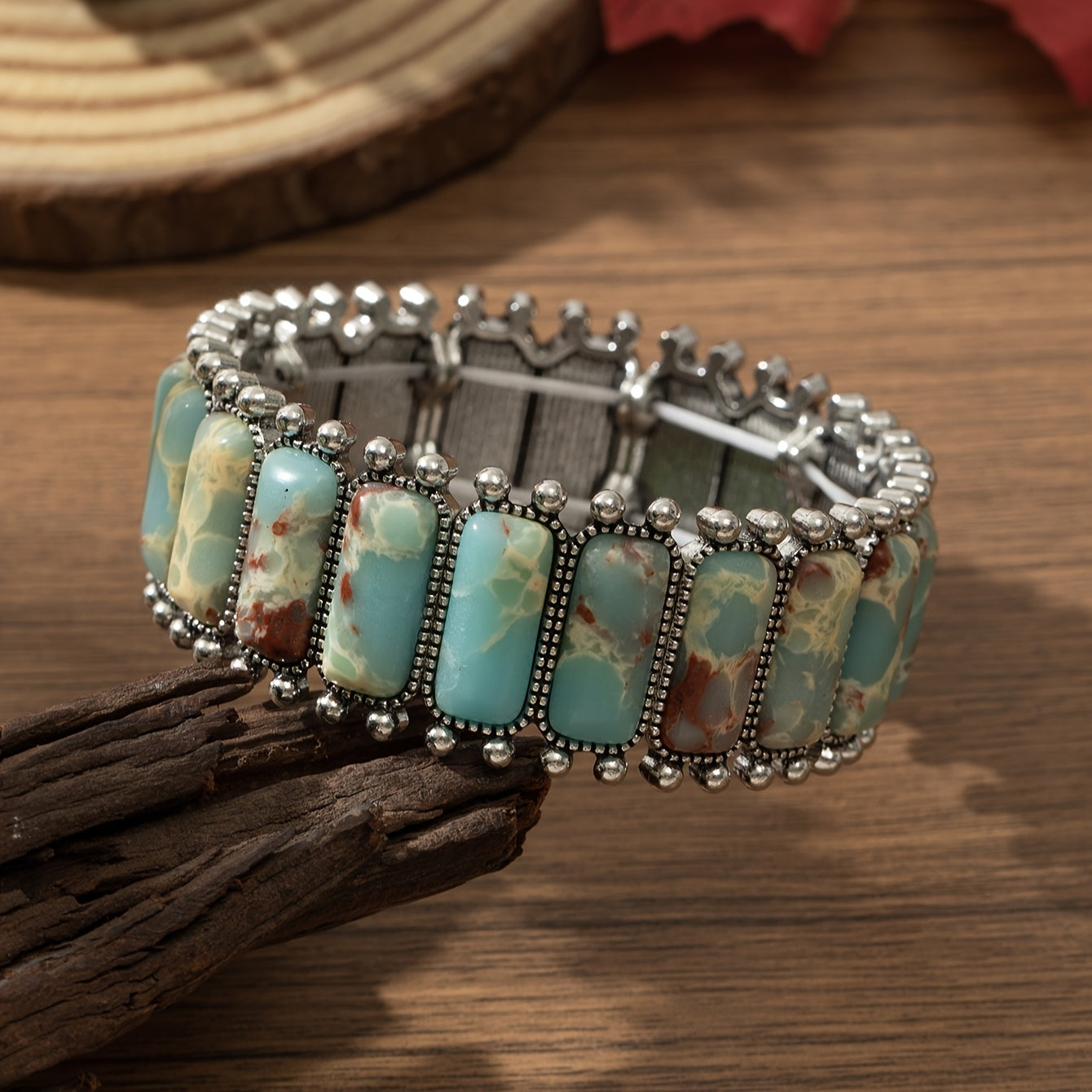 Turquoise Inlay Stretch Bracelet with Beaded Silver-Tone Detail