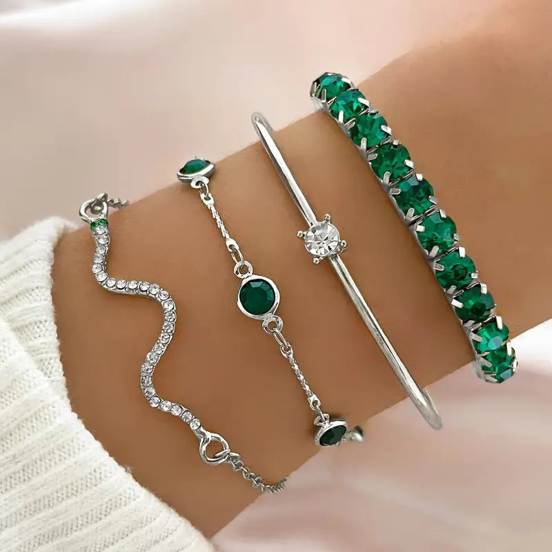 Green Stone Bracelet Set with Gold-Tone Chain, Cuff and Pendant Designs — view 4