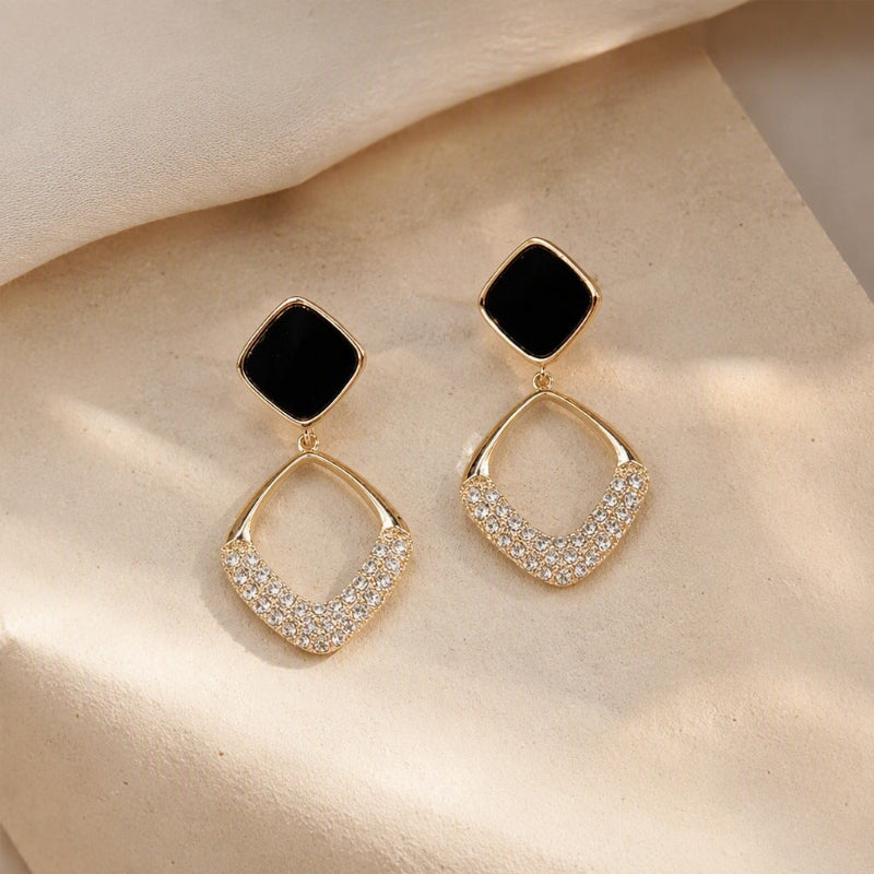 Geometric Black Stone Drop Earrings with Crystal-Pave Frame — view 2