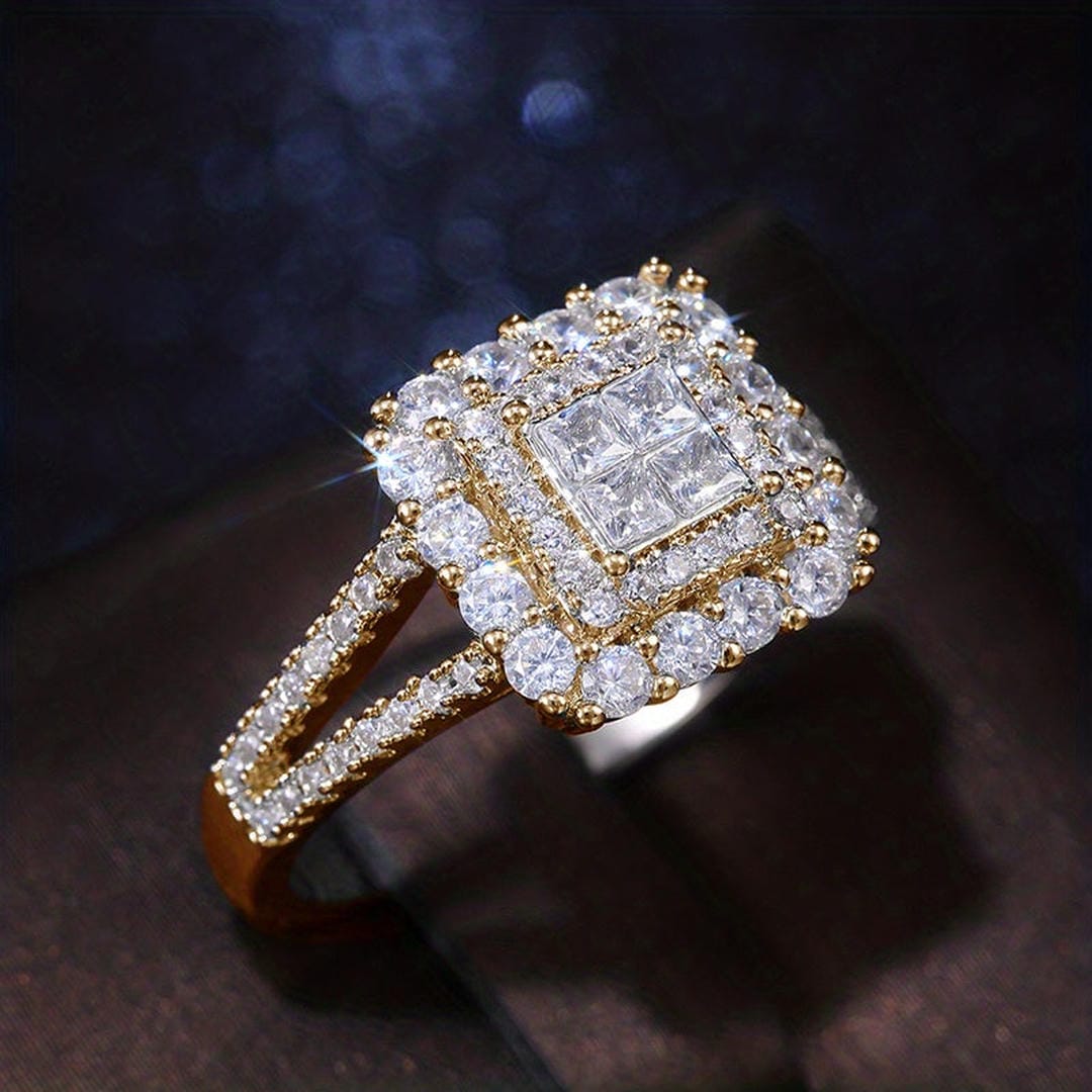Square Double Halo Cubic Zirconia Ring with Pavé Band — view 5