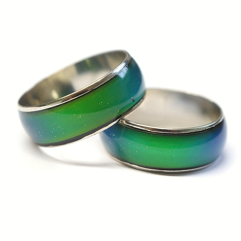 Color-Changing Mood Ring Set, Boho Wide Stainless Steel Band, Pair