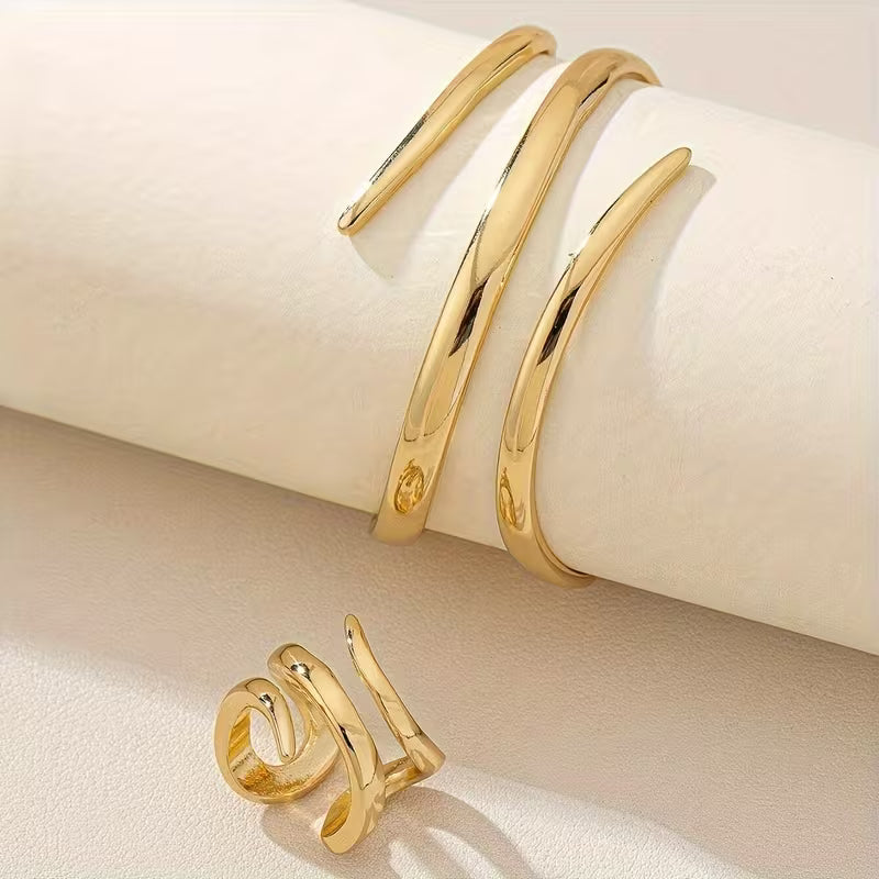 Abstract Sculptural Gold Bangle and Ring Set, 2 Bracelets and 1 Ring — view 2