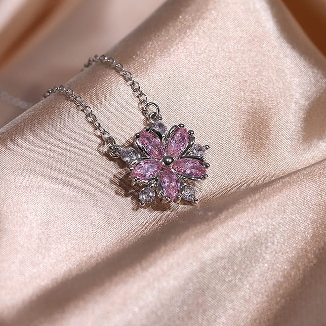 Double-Layer Flower Cubic Zirconia Pendant Necklace with Cross Chain