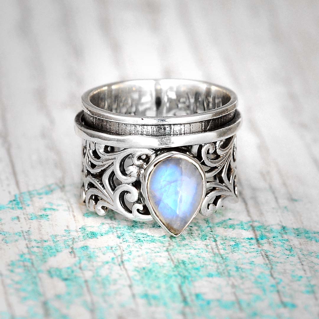 Teardrop Moonstone Spinner Ring with Silver Filigree Band